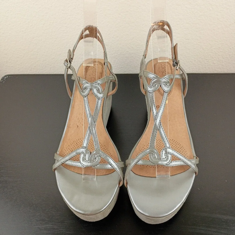 Corso Como Womens Silver Metallic Strappy Wedge Sandals Platform Grey Suede 9